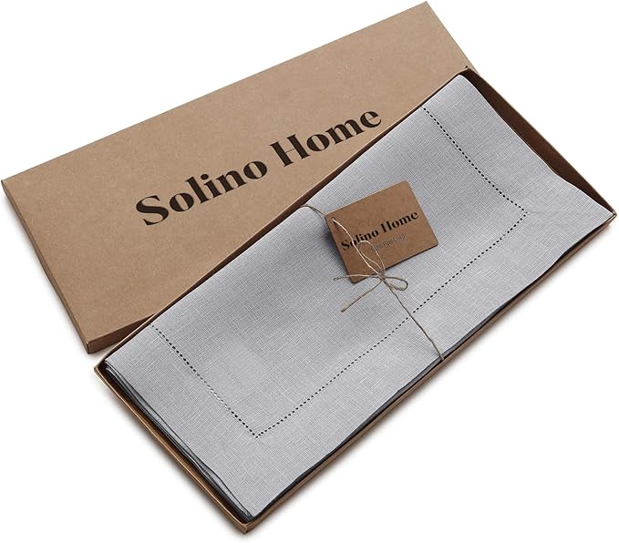 Solino Home Linen Soft Grey Table Runner 60 Inches - Classic Hemstitch, 100% Pure Linen Coffee Table Runner 14 x 60 Inch Ideal for Dresser Tables - Fall, Autumn, Halloween, Thanksgiving