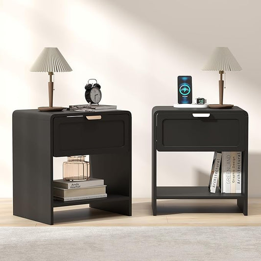 LEVNARY Nightstand Set of 2, Mid-Century Modern Bedside Table with Charging Station and Curved Top Corners, Wooden End Table for Farmhouse Bedroom Living Room (2, Black)
