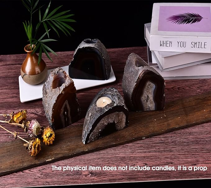 AMOYSTONE Agate Candle Holder Multi-Functional Décor 1-1.5lb Pillar Candles & Makeup Brush Storage | Irregular Half-Cut Design | Meditation Desk Accent | Spiritual Starter Gift