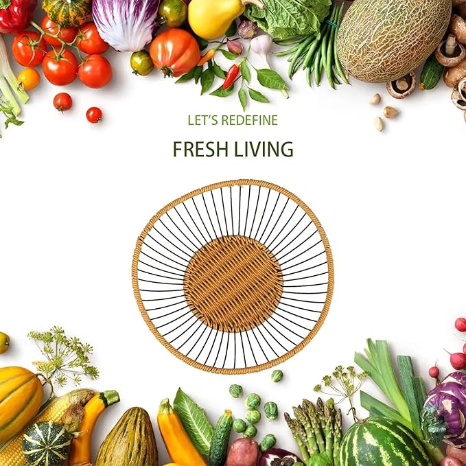 Vine Woven Iron Fruit Bowl, Metal Wire Fruit Basket, Vegetable Drain Basket, Storage Baskets for kitchen counter, countertop,Snacks, Candy, Bread,Cosmetics,Table decorative(12 x 3.7 Inches)