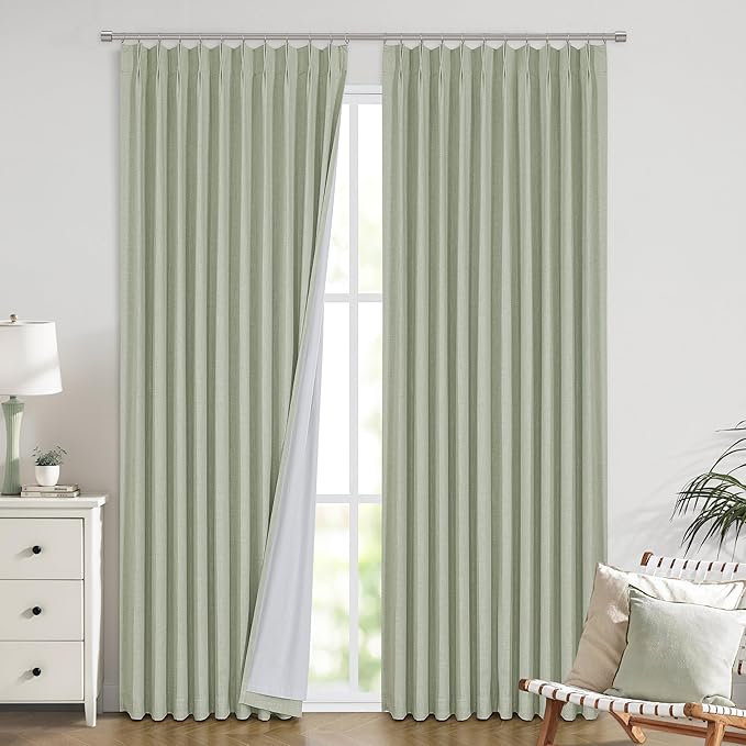Vision Home Soft Green Pinch Pleated Full Blackout Curtains Linen Blended Room Darkening Window Panels 84 inch for Living Room Bedroom Thermal Insulated Pinch Pleat Drapes with Hooks 60" Wx84 Lx1