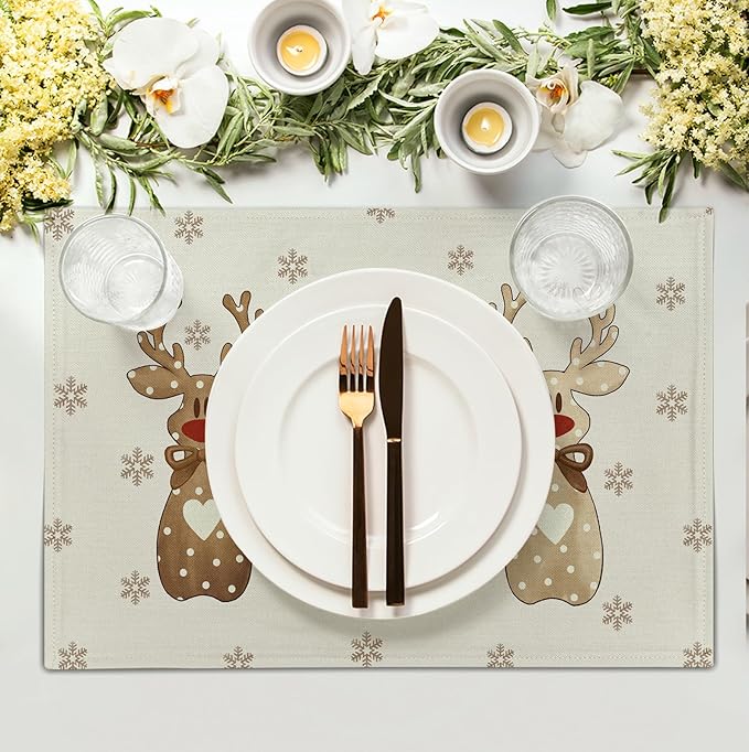 Christmas Reindeer Snowflakes Placemats Set of 4 Xmas Cute Elk Deer Place Mats 12x18 Seasonal Winter Holiday Farmhouse Linen Table Mats for Party Kitchen Dining Outdoor Indoor Decor