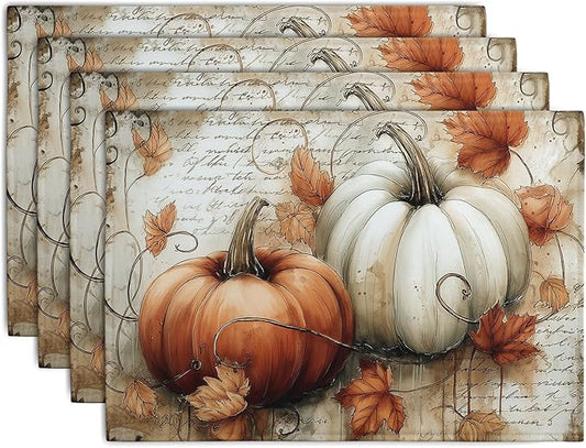 Fall Vintage Pumpkin Leaves Placemats Set of 4 Autumn Thanksgiving Harvest Linen Dinner Place Mats 12x18 Burnt Orange and White Rustic Farmhouse Decorative Kitchen Table Mats