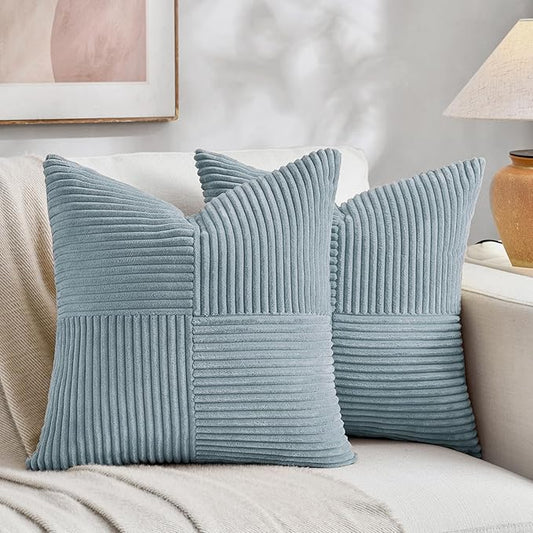 Fancy Homi Set of 2 Light Blue Samll Decorative Throw Pillow Covers 18x18 Inch with for Couch Bed Sofa Living Room, Soft Cross Patchwork Striped Corduroy Coastal Blue Square Cushion Case 45x45 cm