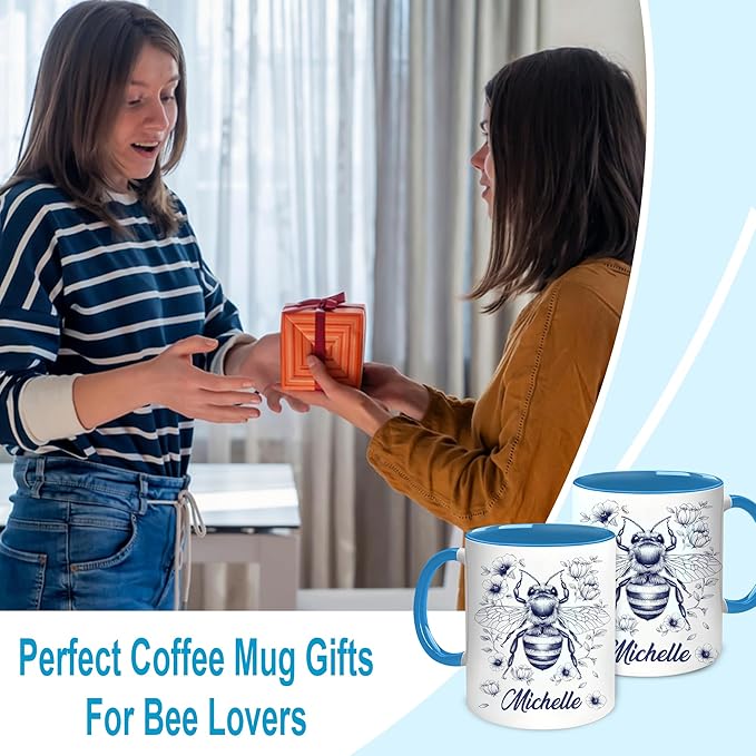 Hyturtle Personalized Floral Bee Mug - Bee Keeper Gifts For Women Lovers Teacher - Honey Gifts For Beekeeper Farmer On Birthday - Queen Honeycomb Decor - Custom Coffee Cup Ceramic Mug 11 Oz 15 Oz