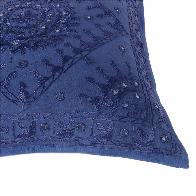 Eyes of India Embroidered Decorative Boho Throw Pillow Cover with Mirrors, Handmade Bohemian Accent Cushion Case for Sofa Couch Bedroom Living Room (Blue, 24" x 24")
