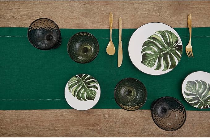 Solino Home Linen Rainforest Green Table Runner 156 Inches Long - 100% Pure Linen Extra Long Table Runner 14 x 156 Inch for Fall, Autumn, Thanksgiving - Classic Hemstitch