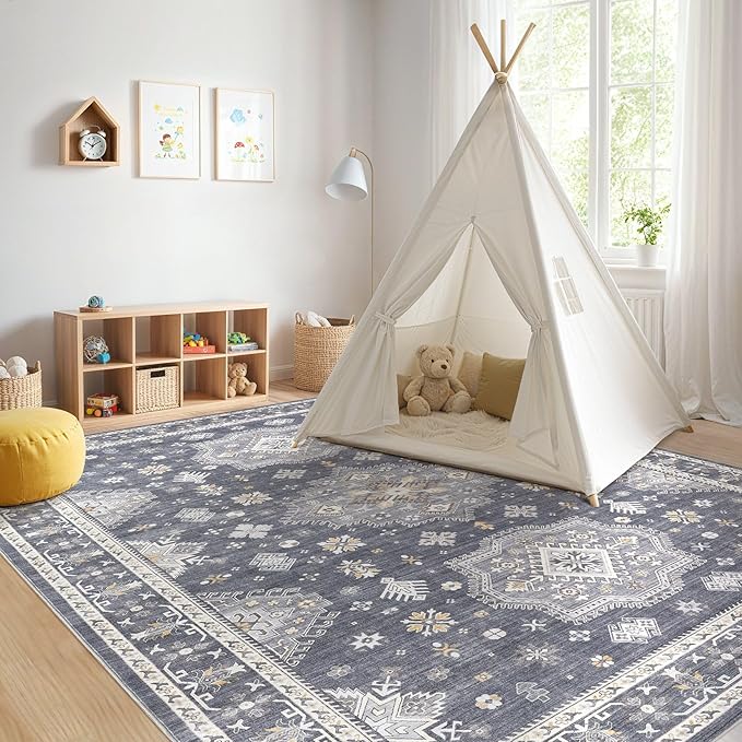 Washable Area Rugs for Living Room -8x10 Neutral Vintage Distressed Floral Farmhouse Boho Large Soft Floor Rug Indoor Non Slip Carpet for Living Room Bedroom Dining Room Office - Denim Blue/Grey