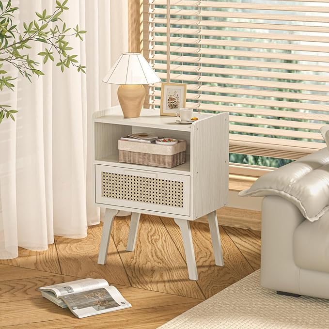 Lerliuo Rattan Nightstand, Side Table with Drawer Open Shelf, Cane Accent Bedside End Table with Solid Wood Legs, Mid Century Modern Night Stand for Bedroom, Dorm and Small Spaces (Grey White)