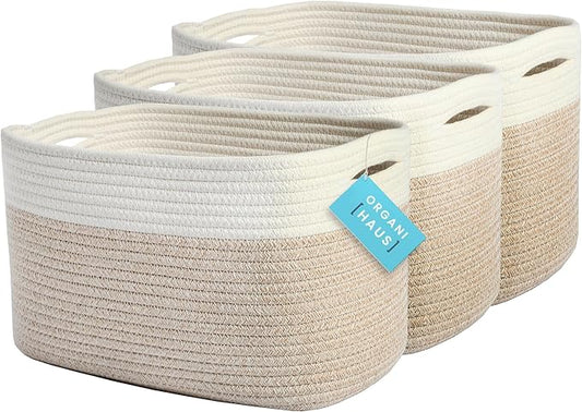OrganiHaus Set of 3 Woven Storage Baskets for Organizing, Cotton Rope Organizer Bins for Shelves, Closet & Nursery, Dog Toy Basket, Decorative Bins for Toys, Towels & Books - 15x10x9, Light Honey