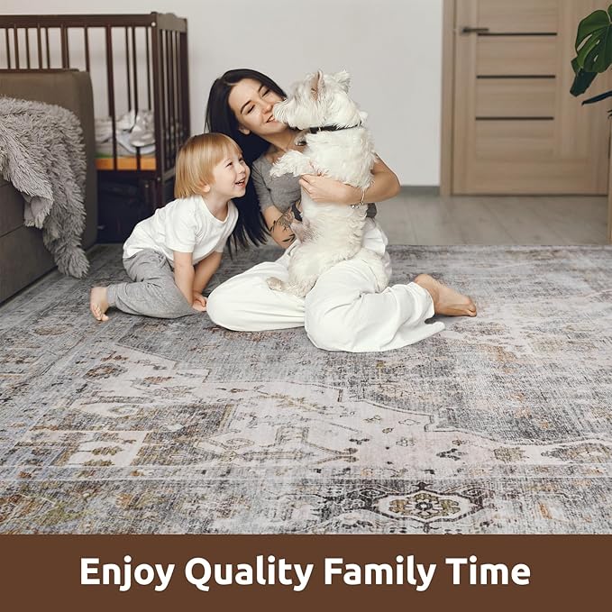 AMOAMI-Area Rug 5X7 Rugs for Living Room-Vintage Soft Grey Rugs for Bedroom-Non Slip Carpet-Machine Washable Rug for Dining Room Living Room Bedroom Office Under Table