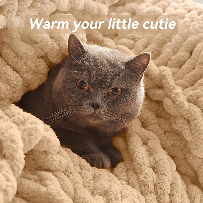 Chunky Knit Throw Blanket, 60''*80'' Knitted Throw Chenille Yarn for Bed Couch, Handmade Beige Crochet Big Thick Blanket, Machine Washable Cute Comfy Blanket for Home Decor