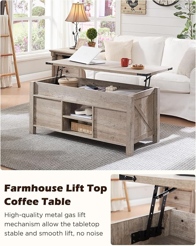 OKD 48" Farmhouse Lift Top Coffee Table with Sliding Barn Door, Rustic Center Table w/Hidden Storage Compartment, Lift Tabletop Dining Table w/Adjustable Shelf for Living Room,Light Rustic Oak