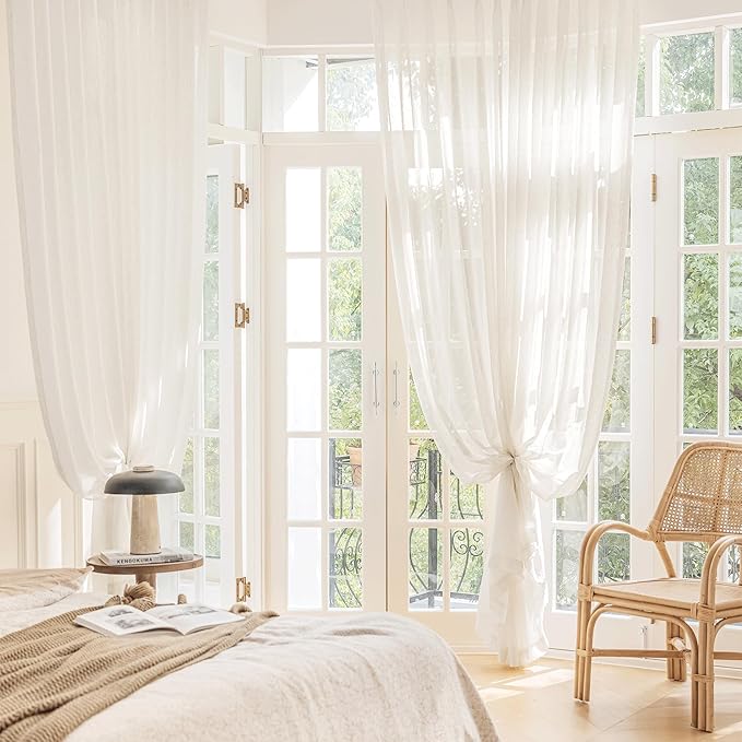 FMFUNCTEX Linen Sheer Sliding Door Curtains for Bedroom, Beige Curtains 84 Inches Long Window Curtain Drapes for Living Room, Natural Patio Glass Door Extra 100 Wide Curtain, Rod Pocket 1 Panel