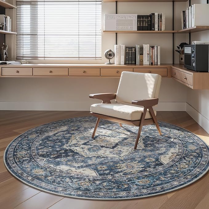 AMOAMI-6FT Round Rug-Rugs for Living Room-Vintage Soft Blue Rugs for Bedroom-Non Slip Circle Rug-Machine Washable Rug for Dining Room Living Room Bedroom Office Under Table