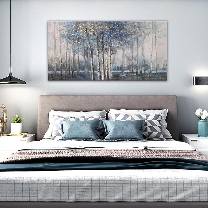 Canvas Wall Art Decor Pictures Wall Decor Prints Modern Large Wall Art Gold Wall Art Blue Grey Misty Botanical Textured Artwork for Walls For Room Living Room Bedroom Office Wall Decor 24"X48"