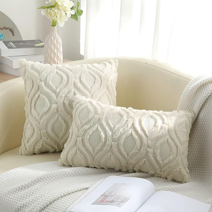 decorUhome Spring Decorative Throw Pillow Covers 20x20, Soft Plush Faux Wool Couch Pillow Covers for Home, Set of 2, Beige