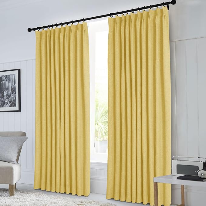 Macochico Pinch Pleated 100% Blackout Curtains Yellow Linen Curtains for Bedroom Living Room Farmhouse Thermal Insulated Window Panels Pleated Curtains with Hooks and Tieback 52”Wx72”L 1 Panel