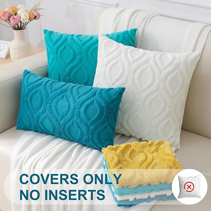 decorUhome Fall Throw Pillow Covers 20x20 Inch Set of 2, Soft Plush Decorative Faux Fur Turquoise Solid Couch Pillow Covers, Accent Farmhouse Neutral Square Euro Pillow Cases for Sofa Bed Living Room