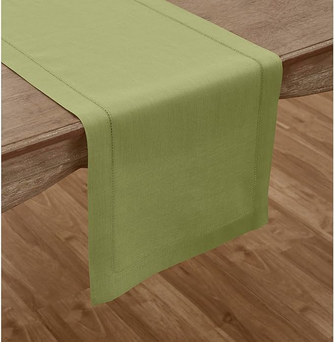 Solino Home Linen Moss Green Hemstitch Table Runner 48 Inches - 100% Pure Linen Small Table Runner 14 x 48 Inch Ideal for Dresser and Coffee Tables - Classic Hemstitch - Fall, Halloween, Thanksgiving