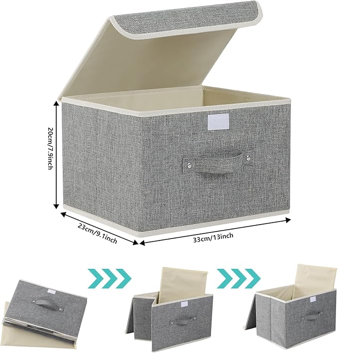 Storage Boxes, Collapsible Storage Bins with Lids, Cotton and linen cloth Storage Baskets with Handle, for Books, Closet, Bedroom, Home, 13x9.1x7.9 in, Grey