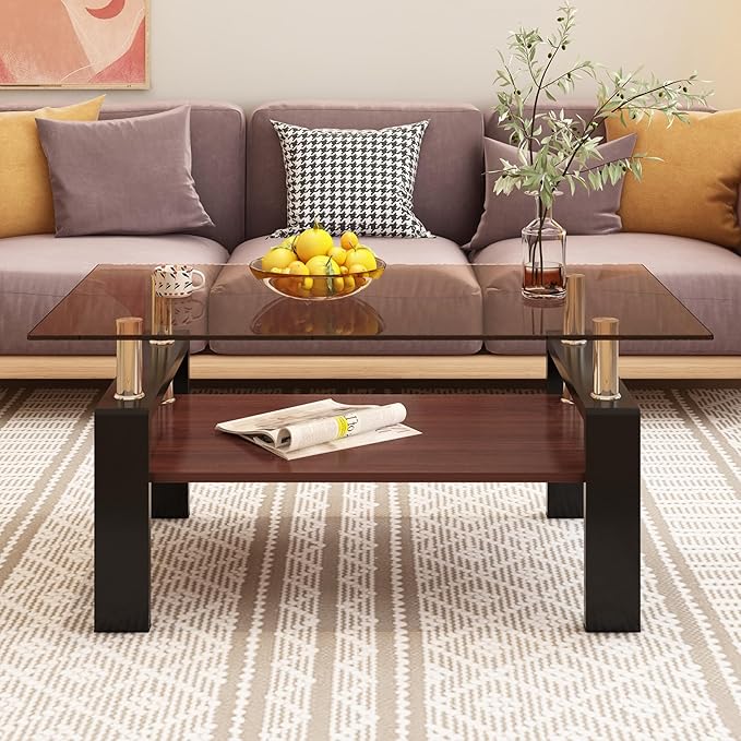 39" Brown Glass Coffee Table Walnut Modern Living Room Center Table Rectangle, with Wooden MDF Storage Layer, Black Metal Leg, for Small Apartment and Office, Brown