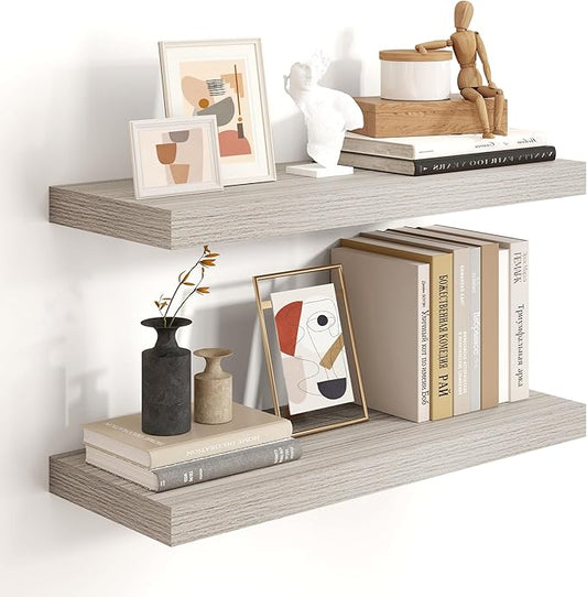 Heimlove 24 inch Floating Shelves for Wall,9.3 inch deep Grey Bathroom Over Toilet Shelf,Wall Mounted Rustic Wood Shelves for Bedroom,Living Room,Kitchen,Office Decor Set of 2-Grey