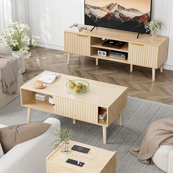 Coffee Table with Storage, Boho Dining Table with Sliding Fluted Door and Solid Wood Legs, Small Coffee Tables for Living Room, Oak