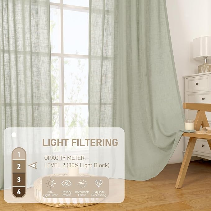 LAMIT Linen Curtains for Living Room 84 Inch Length, Bronze Grommet Light Filtering Semi Sheer Drapes Neutral Rustic Farmhouse Boho Panels for Bedroom, 2 Panels, Sage Grey, 52 x 84 Inch