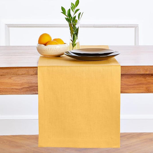 Solino Home Linen Mustard Yellow Table Runner 48 Inches - 100% Pure Linen Farmhouse Short Table Runner 14 x 48 Inch Ideal for Dresser and Coffee Tables - Fete