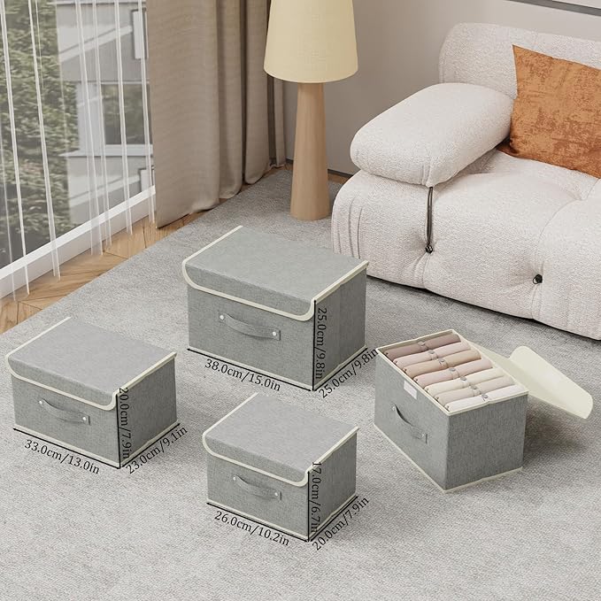 Storage Boxes, Collapsible Storage Bins with Lids, Cotton and linen cloth Storage Baskets with Handle, for Books, Closet, Bedroom, Home, 10.2x7.9x6.7 in, Grey
