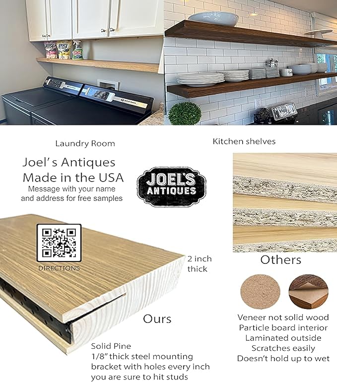 joelsantiques 36 Inch Wooden Floating Shelves for Wall - 36x6x2 in - Made of Natural Wood - Long Heavy Duty Rustic Wall Shelves for Bedroom - Perfect for Living Room, Kitchen - Mocha