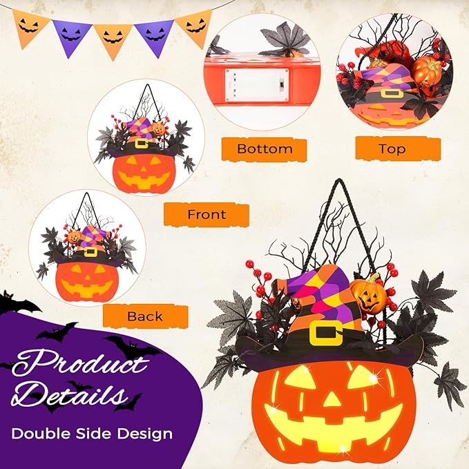 Halloween Pumpkin Decorations, Lighted Jack-O-Lantern with Maple Leaves Berries Witch's Hat, Halloween Wreaths Door Sign Wood Pumpkin for Front Door Indoor Outdoor Yard Party Cartoon Hanger Decor