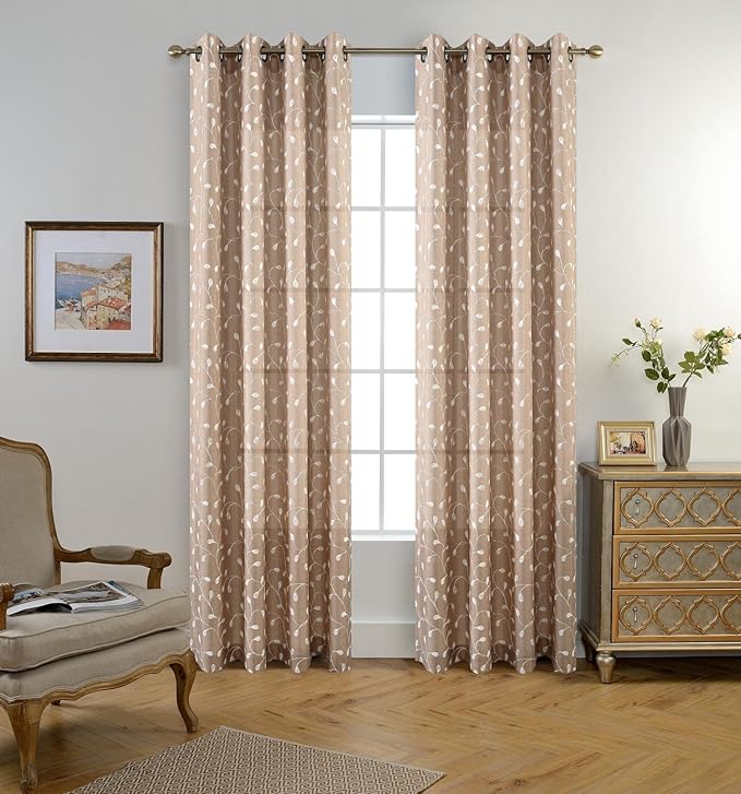 MIUCO Floral Embroidery Semi Sheers Curtain Faux Linen Grommet Window Curtains for Office 52 x 95 Inch 2 Panels, Taupe