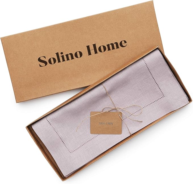 Solino Home Linen Lilac Table Runner 132 Inches Long - 100% Pure Linen Extra Long Table Runner 14 x 132 Inch - Classic Hemstitch