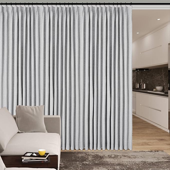 100" W x 84" L Faux Linen Room Divider Curtains, Full Blackout Pinch Pleated Drapes for Traverse Rod, Bedroom Divider Privacy Drapery with Hooks for Ceiling Track, 1 Panel, Silver Grey