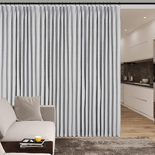 100" W x 84" L Faux Linen Room Divider Curtains, Full Blackout Pinch Pleated Drapes for Traverse Rod, Bedroom Divider Privacy Drapery with Hooks for Ceiling Track, 1 Panel, Silver Grey