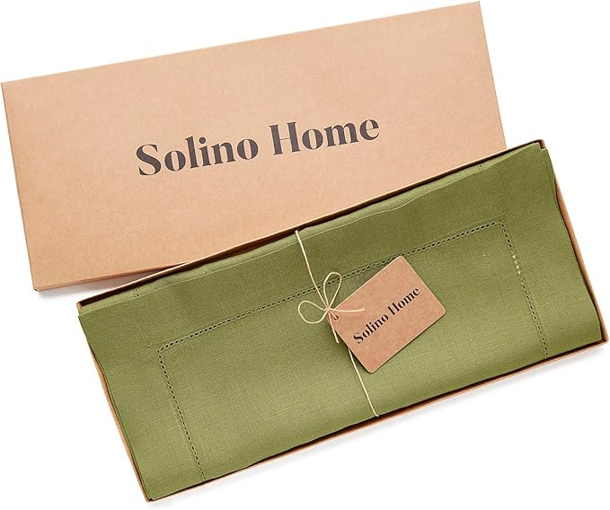 Solino Home Linen Hemstitch Table Runner 108 Inches Long - 100% Pure Linen Avocado Green Table Runner 14 x 108 Inch for Fall, Autumn, Thanksgiving - Classic Hemstitch