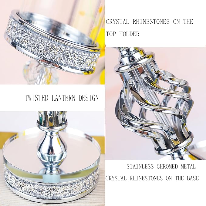 Hanjue Crystal Candle Holders for Pillar Candle, Metal Crystal Candle Holder for Home Decor, Centerpieces, Coffee Dining Table CH0509 (Silver (M))