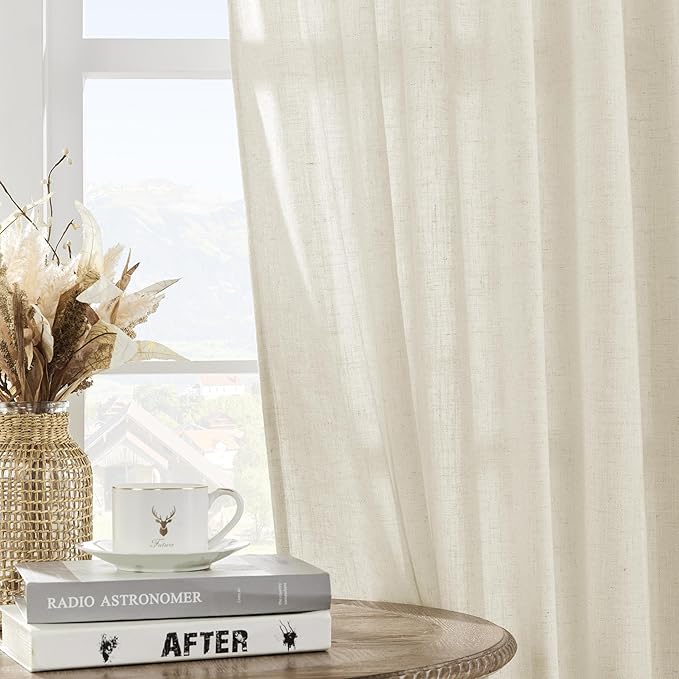 Joydeco Custom Linen Curtains for Living Room, Semi-Sheer Curtain 1 Panel Light Filtering Rod Pocket Back Tab (Ivory on Linen, Custom Size)