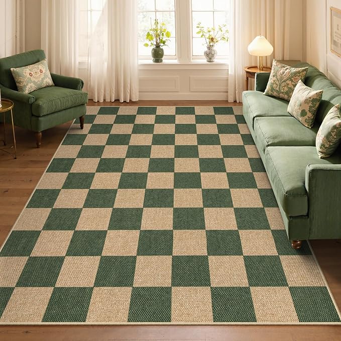 Lahome Checkered Easy Jute Dining Room Rug, 5x7 Indoor Outdoor Rugs for Patio Living Room, Neutral Checkerboard Non Slip Low Pile Green Carpet for Bedroom Office Backyard