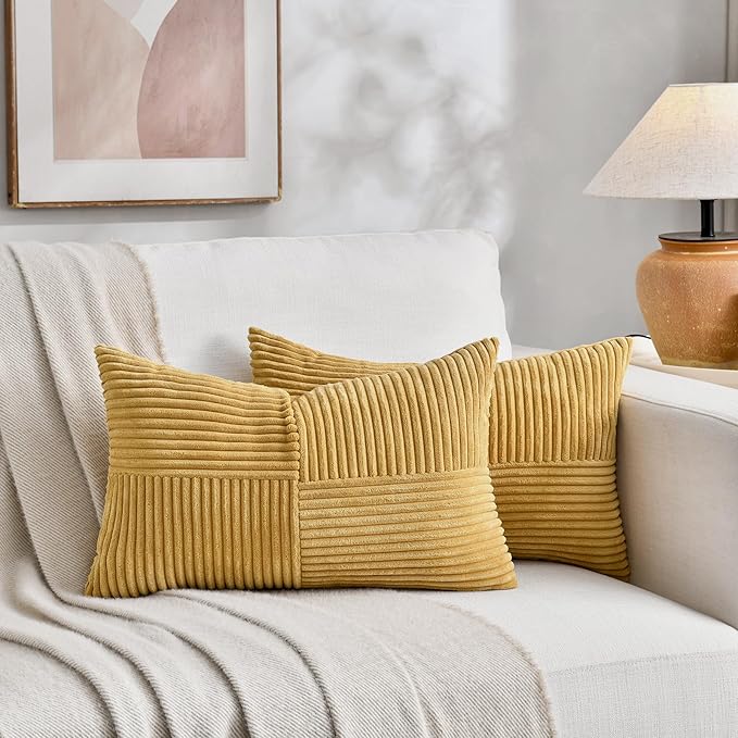 Fancy Homi 2 Packs Mustard Yellow Lumbar Decorative Throw Pillow Covers 12x20 Inch for Living Room Couch Bed, Rustic Farmhouse Boho Home Decor, Soft Striped Corduroy Rectangle Accent Cushion Case
