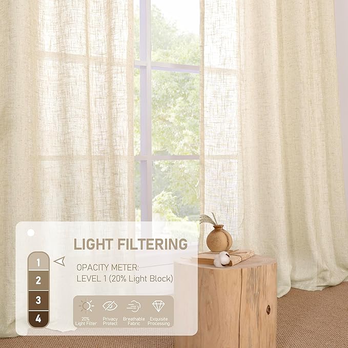LAMIT Beige Linen Curtains for Living Room 2 Panels Set, 84 Inch Linen Textured Light Filtering Drapes Bronze Grommet Boho Panels for Farmhouse/Bedroom/Porch, 38 x 84 Inch