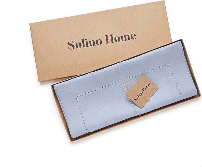 Solino Home Linen Sky Blue Table Runner 48 Inches - Classic Hemstitch, 100% Pure Linen Coffee Table Runner 14 x 48 Inch Ideal for Dresser Tables