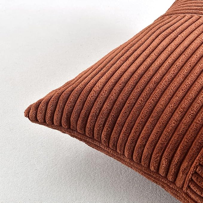 Fancy Homi 2 Packs Rust Euro Decorative Throw Pillow Covers 28x28 Inch for Bedroom Bed, Farmhouse Boho Home Decor, Soft Corss Corduroy Patchwork Textured Square Terracotta Cushion Case 71x71 cm