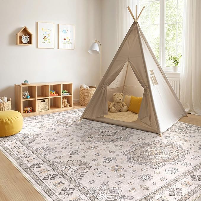 Washable Area Rugs for Living Room - 5x7 Neutral Vintage Distressed Floral Farmhouse Boho Large Soft Floor Rug Indoor Non Slip Carpet for Living Room Bedroom Dining Room Office - Beige Brown
