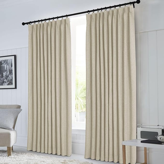 Macochico 100% Blackout Beige Linen Curtains 84 Inches Long Pinch Pleated Burlap Curtains for Bedroom Living Room Farmhouse Nursery Thermal Window Panels with Tieback 72”Wx84”L 1 Panel