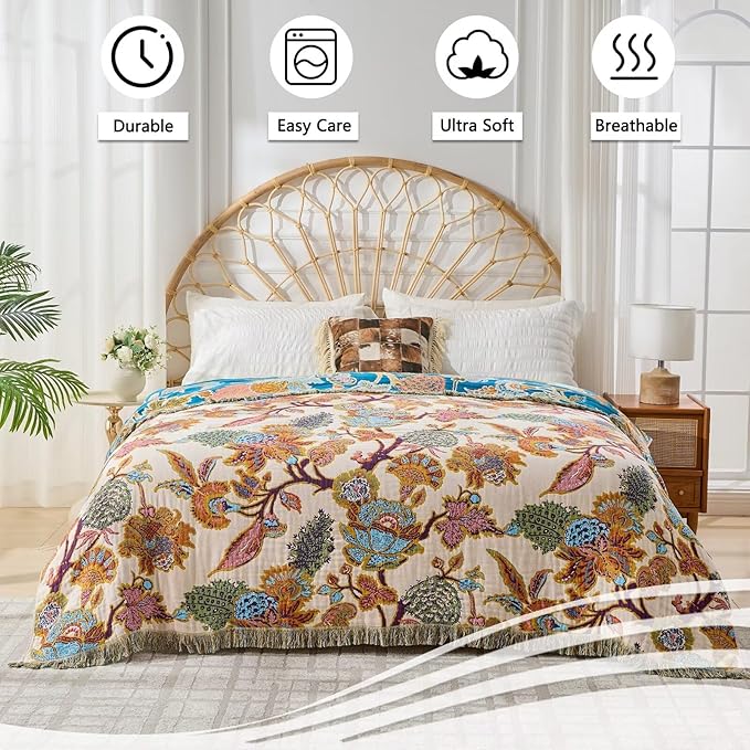 Boho Throw Blanket for Bed, Lightweight Reversible Summer Quilt, Cotton Blanket, Queen Size Boho Floral Bird Colorful Retro Quilt Ultra Soft Reversible Gauze Blanket for All Season, 80"x90"