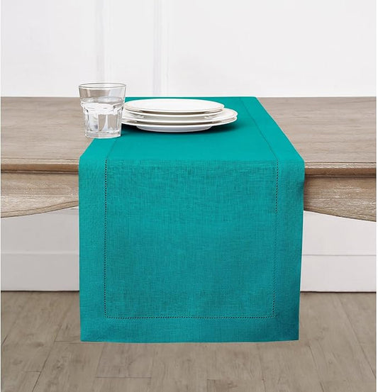 Solino Home Linen Hemstitch Table Runner 36 Inches - 100% Pure Linen Teal Table Runner 14 x 36 Inch Ideal for Dresser and Coffee Tables - Fall, Autumn, Thanksgiving - Classic Hemstitch