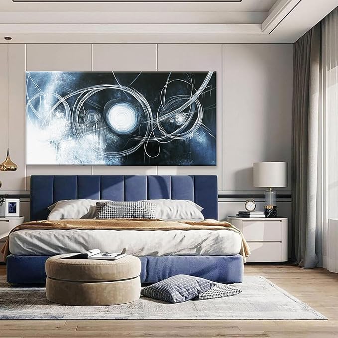 TAIJXAGSG Large Abstract Wall Art For Living Room Modern Dark Blue Wall Canvas Decorations White Line Canvas Wall Art Decor Prints Artwork Bedroom Kitchen Office Home Wall Artwork 29"×58"
